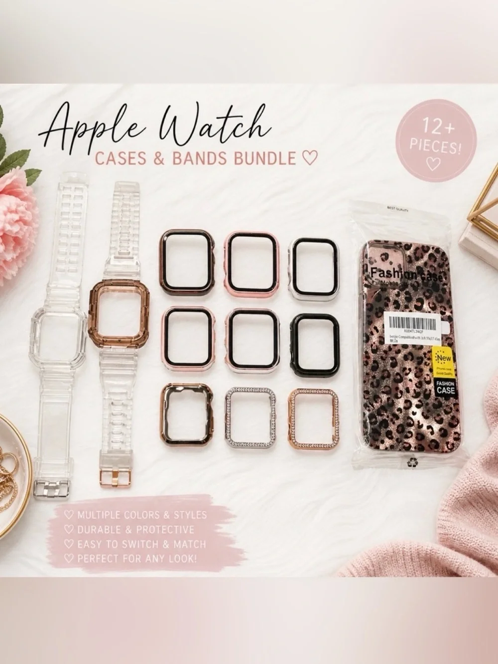 Protective Case & Band Bundle - Rose Gold, Clear, Black